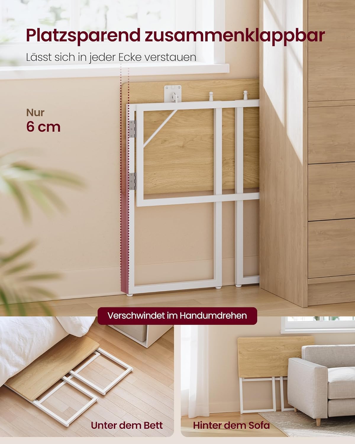 VASAGLE Klapptisch, Kleiner Schreibtisch klappbar, 80 x 40 cm | Computertisch, Tischplatte aus einem Stück, abgerundete Ecken, Tisch für Homeoffice, Schlafzimmer, LWD151YD01 — Ansicht 4