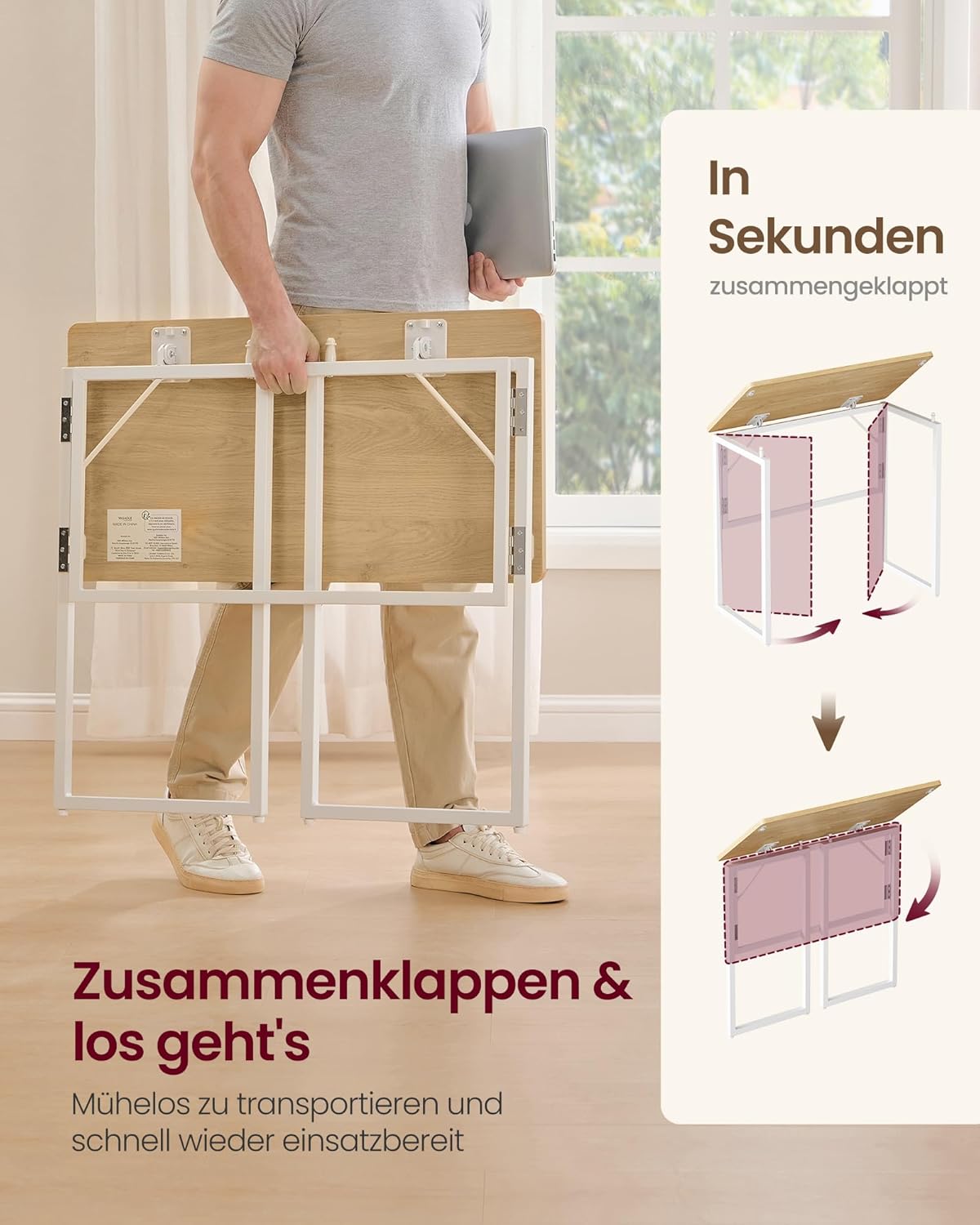 VASAGLE Klapptisch, Kleiner Schreibtisch klappbar, 80 x 40 cm | Computertisch, Tischplatte aus einem Stück, abgerundete Ecken, Tisch für Homeoffice, Schlafzimmer, LWD151YD01 — Ansicht 5