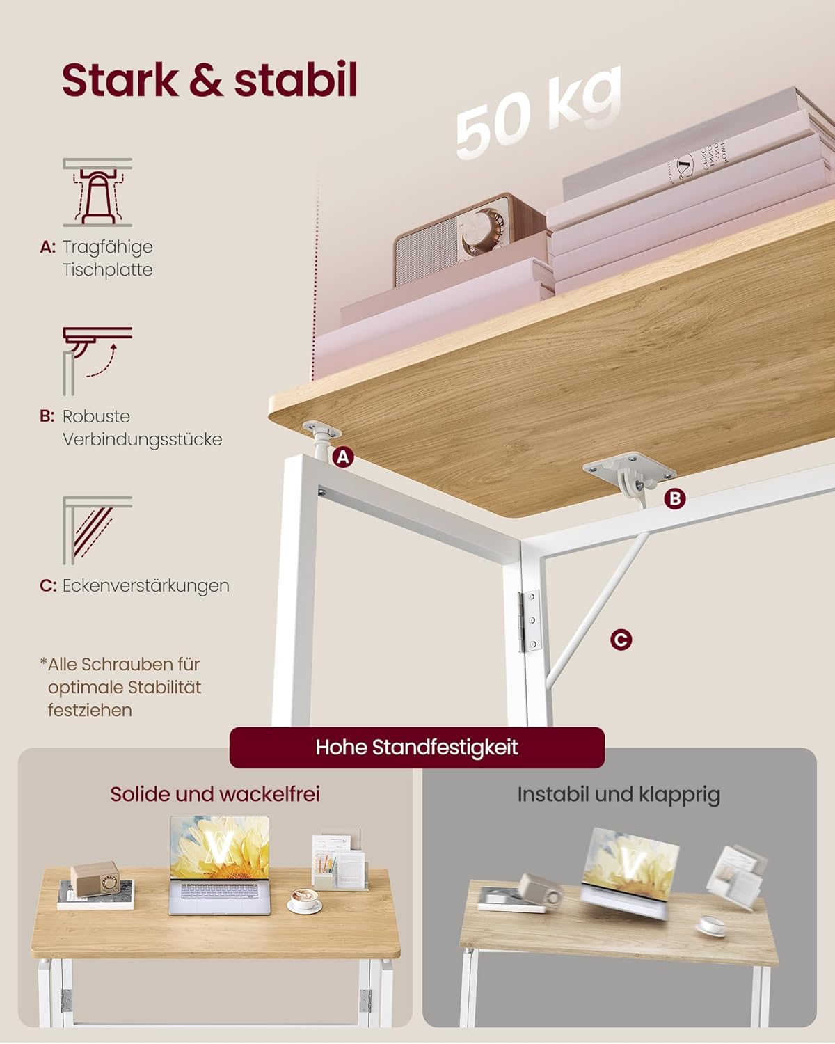 VASAGLE Klapptisch, Kleiner Schreibtisch klappbar, 80 x 40 cm | Computertisch, Tischplatte aus einem Stück, abgerundete Ecken, Tisch für Homeoffice, Schlafzimmer, LWD151YD01 — Ansicht 6