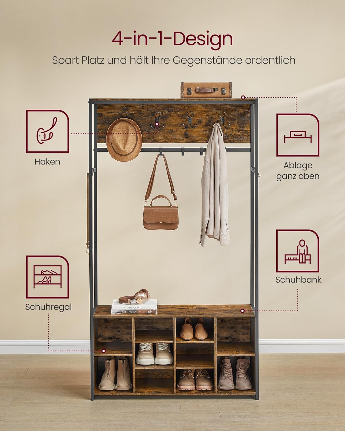 VASAGLE Kleiderständer, Garderobe, Eingangsmöbel mit Schuhregal, offene Fächer, Kleiderhaken, verstellbare Ablagen, Industrie-Stil, für Flur, Eingangsbereich, vintagebraun-tintenschwarz HSR432K01 — Ansicht 3