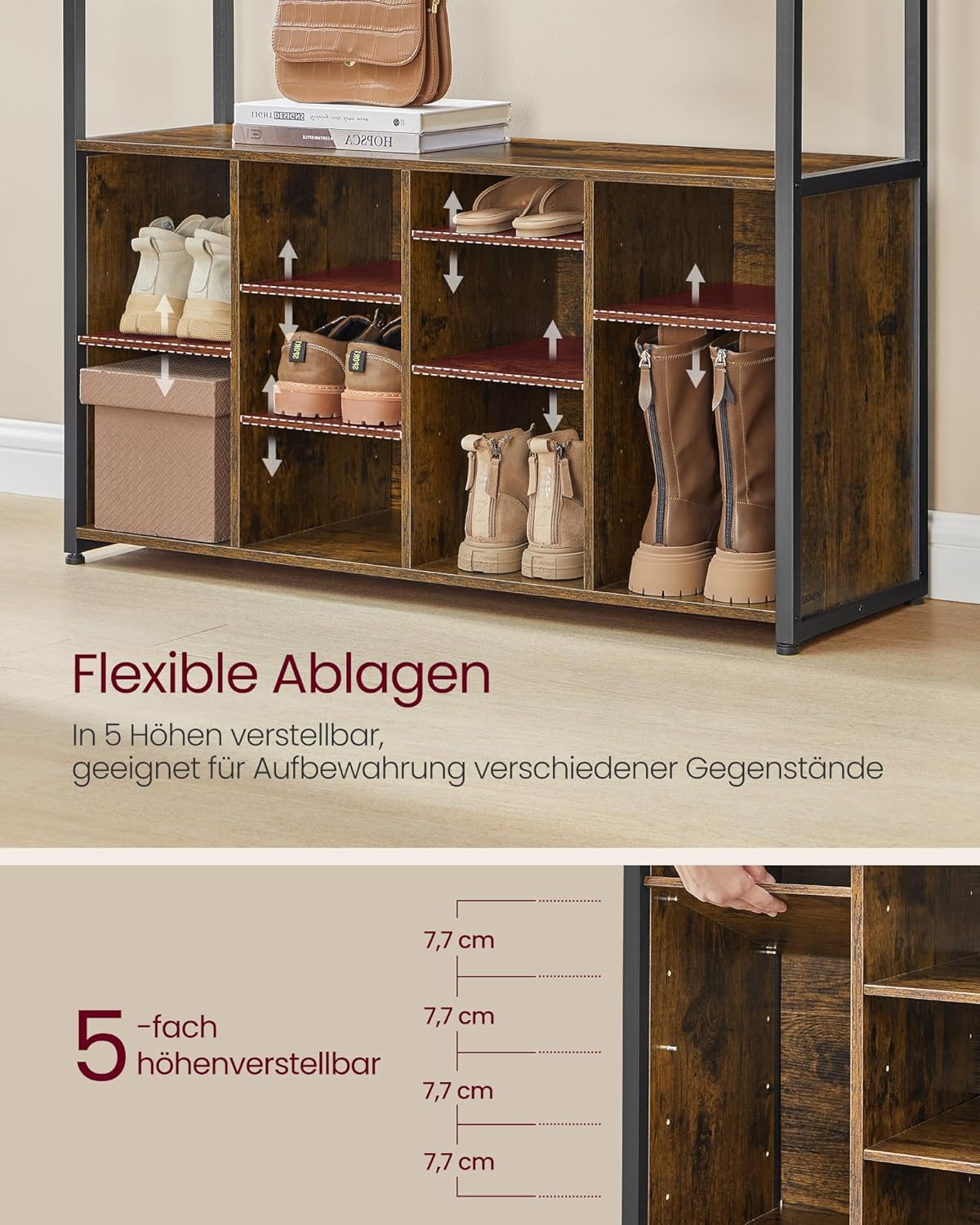 VASAGLE Kleiderständer, Garderobe, Eingangsmöbel mit Schuhregal, offene Fächer, Kleiderhaken, verstellbare Ablagen, Industrie-Stil, für Flur, Eingangsbereich, vintagebraun-tintenschwarz HSR432K01 — Ansicht 4