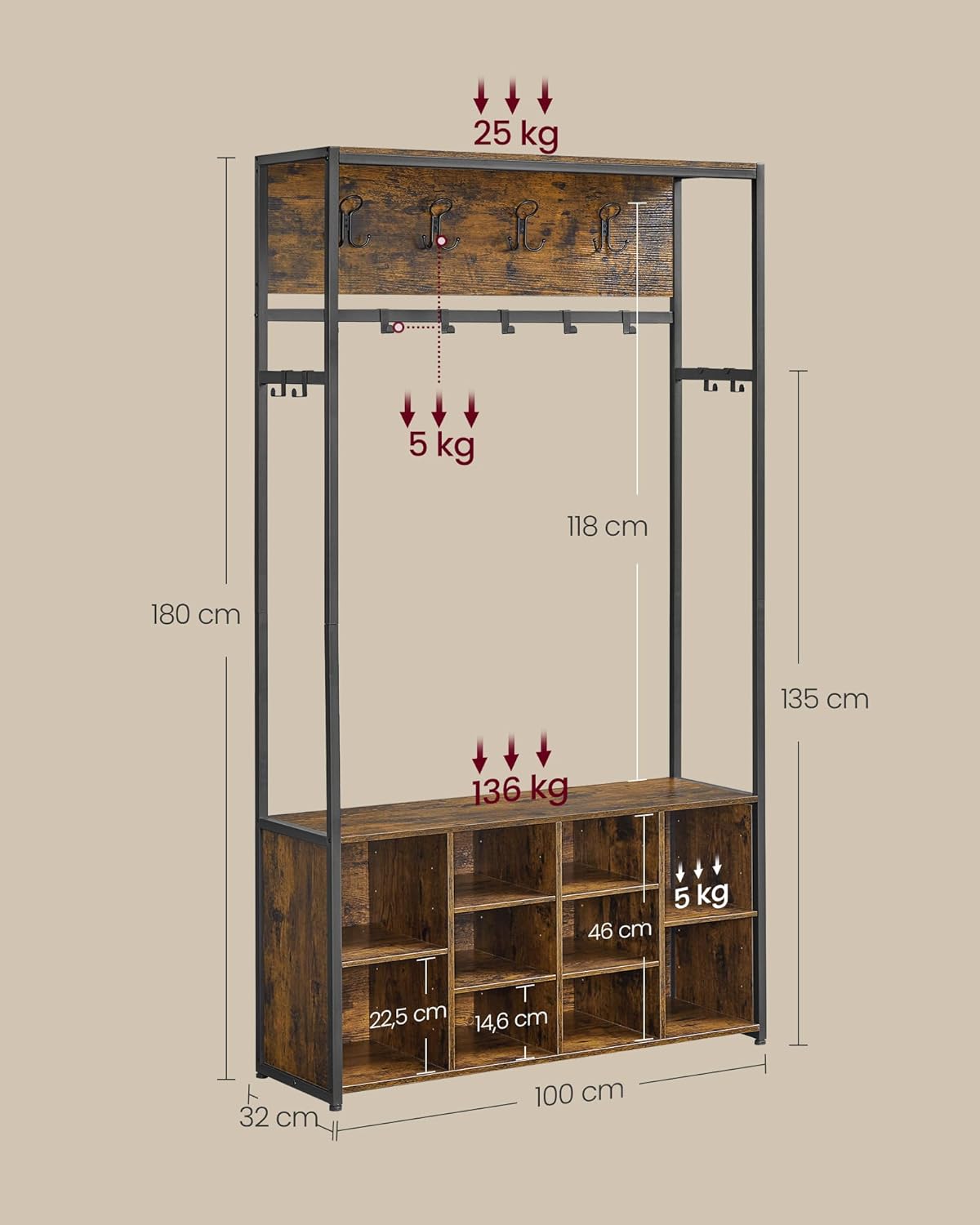 VASAGLE Kleiderständer, Garderobe, Eingangsmöbel mit Schuhregal, offene Fächer, Kleiderhaken, verstellbare Ablagen, Industrie-Stil, für Flur, Eingangsbereich, vintagebraun-tintenschwarz HSR432K01 — Ansicht 6
