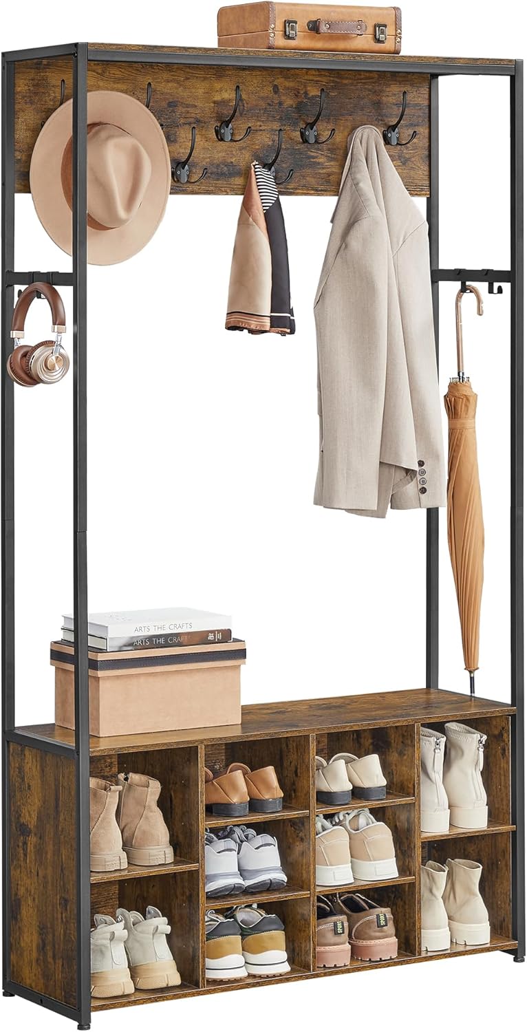 VASAGLE Kleiderständer, Garderobe, Eingangsmöbel mit Schuhregal, offene Fächer, Kleiderhaken, verstellbare Ablagen, Industrie-Stil, für Flur, Eingangsbereich, vintagebraun-tintenschwarz HSR432K01
