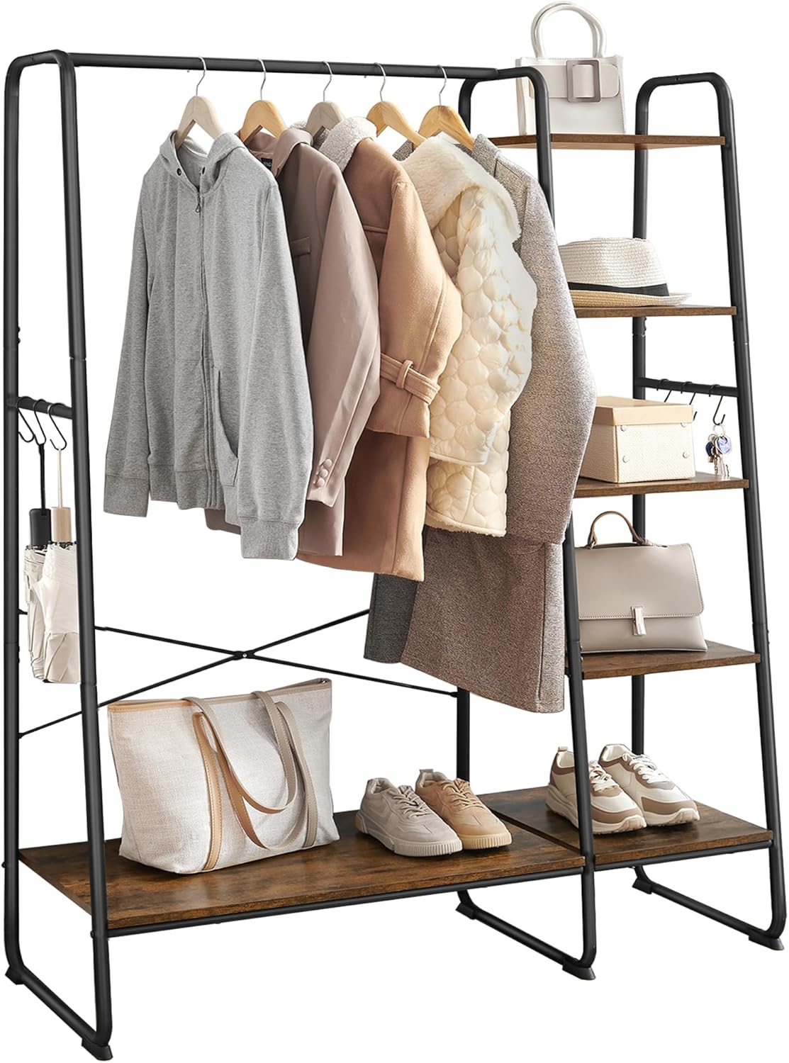 VASAGLE KleiderstÄnder, GarderobenstÄnder, 45 x 120 x 160 cm Garderobe mit Kleiderstange, Schuhablage, offener Kleiderschrank, 6 abnehmbare Haken, Schlafzimmer, Flur, vintagebraun-schwarz RGR116B01