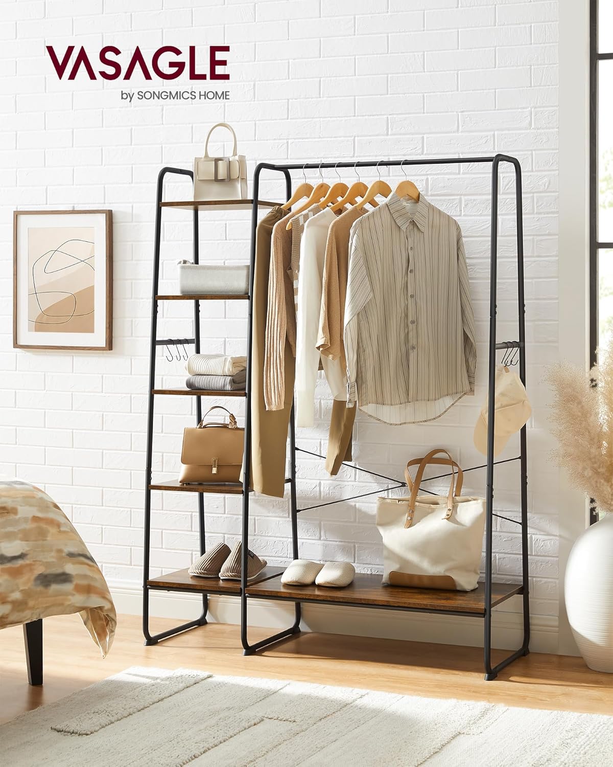 VASAGLE KleiderstÄnder, GarderobenstÄnder, 45 x 120 x 160 cm Garderobe mit Kleiderstange, Schuhablage, offener Kleiderschrank, 6 abnehmbare Haken, Schlafzimmer, Flur, vintagebraun-schwarz RGR116B01 — Ansicht 2