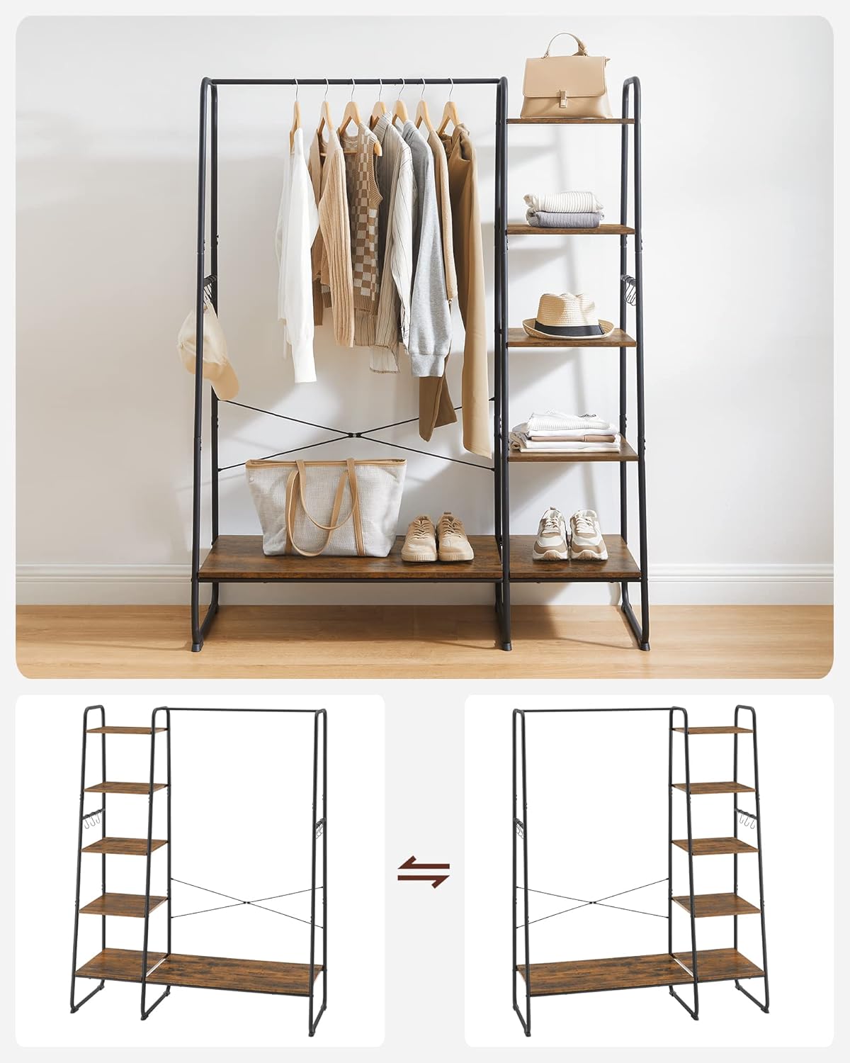 VASAGLE KleiderstÄnder, GarderobenstÄnder, 45 x 120 x 160 cm Garderobe mit Kleiderstange, Schuhablage, offener Kleiderschrank, 6 abnehmbare Haken, Schlafzimmer, Flur, vintagebraun-schwarz RGR116B01 — Ansicht 4