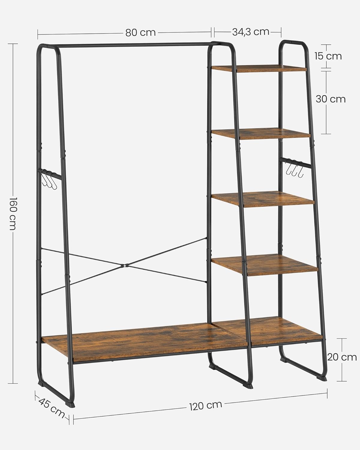 VASAGLE KleiderstÄnder, GarderobenstÄnder, 45 x 120 x 160 cm Garderobe mit Kleiderstange, Schuhablage, offener Kleiderschrank, 6 abnehmbare Haken, Schlafzimmer, Flur, vintagebraun-schwarz RGR116B01 — Ansicht 5