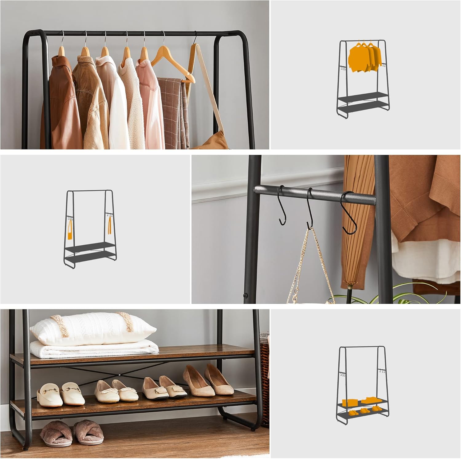 VASAGLE Kleiderständer, Garderobenständer, Garderobe, 2 Ablagen, 6 Haken in S-Form, Stahlgestell, 45 x 100 x 160 cm, für Schlafzimmer, Flur, Eingangsbereich, vintagebraun-schwarz RGR112B01 — Ansicht 4
