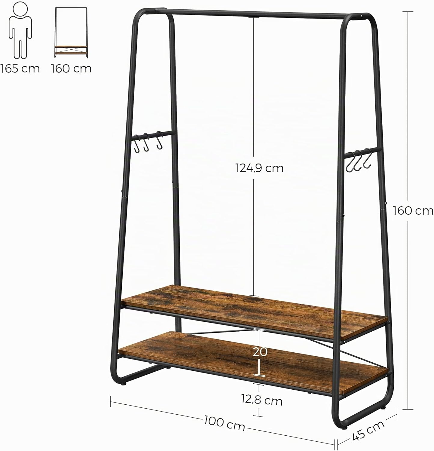 VASAGLE Kleiderständer, Garderobenständer, Garderobe, 2 Ablagen, 6 Haken in S-Form, Stahlgestell, 45 x 100 x 160 cm, für Schlafzimmer, Flur, Eingangsbereich, vintagebraun-schwarz RGR112B01 — Ansicht 5