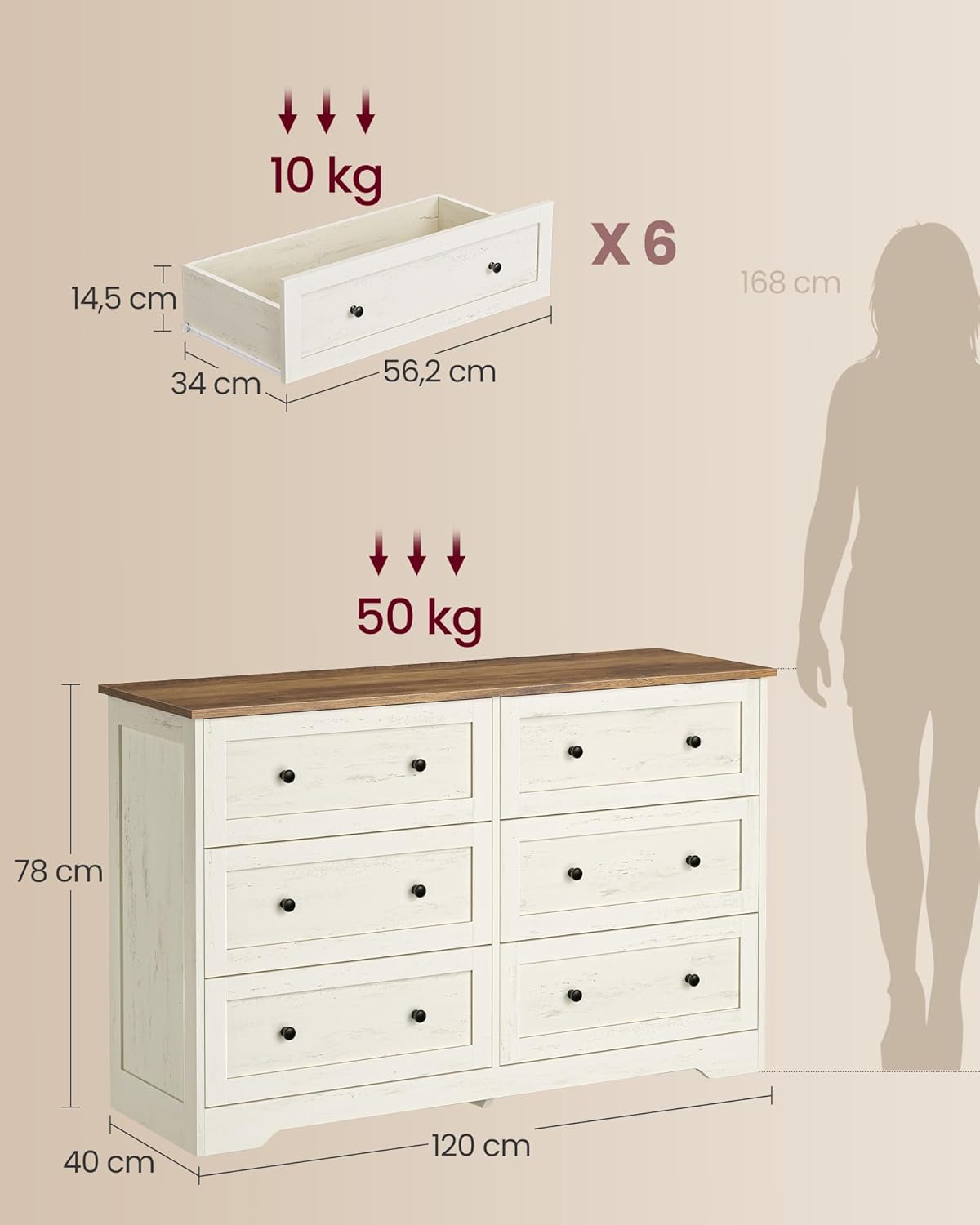 VASAGLE Kommode mit 6 Schubladen, Aufbewahrungsschrank aus Holzspanplatte und MDF, 120 x 40 x 78 cm, Weiß, Landhausstil, für Schlafzimmer, Flur, Siren Kollektion LTS663WJ01 — Ansicht 2