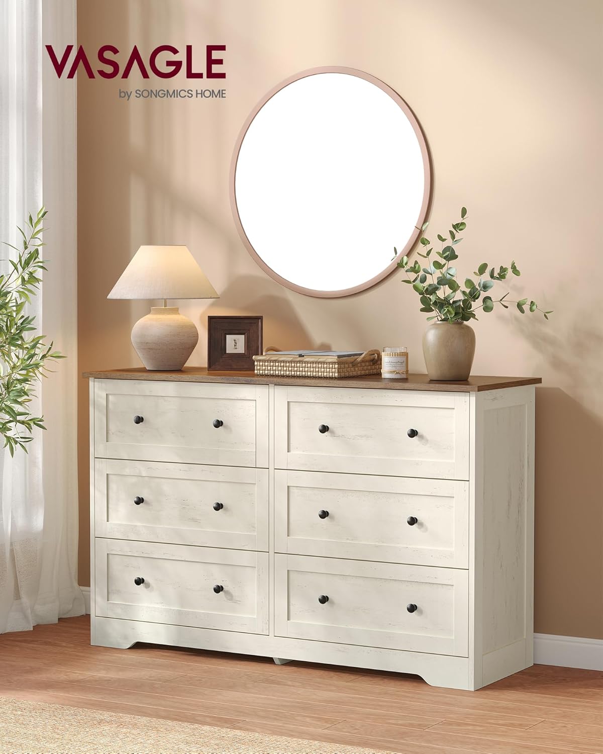 VASAGLE Kommode mit 6 Schubladen, Aufbewahrungsschrank aus Holzspanplatte und MDF, 120 x 40 x 78 cm, Weiß, Landhausstil, für Schlafzimmer, Flur, Siren Kollektion LTS663WJ01 — Ansicht 3