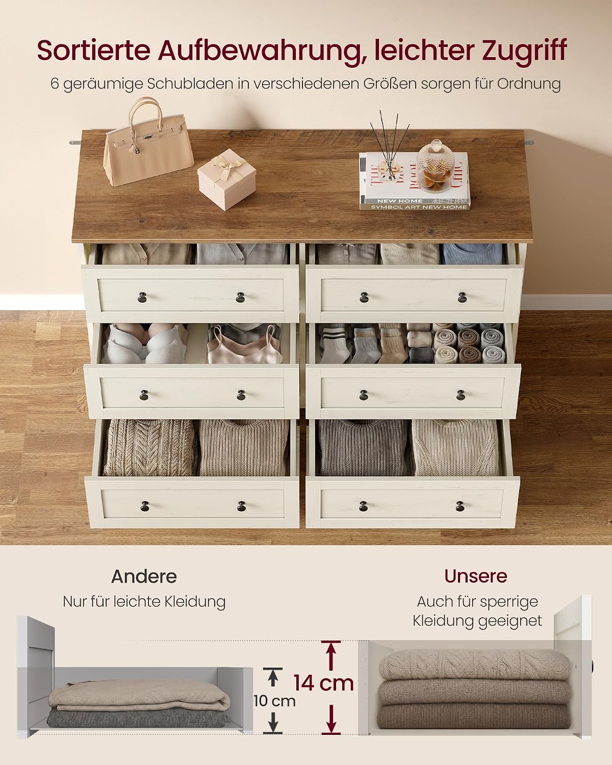 VASAGLE Kommode mit 6 Schubladen, Aufbewahrungsschrank aus Holzspanplatte und MDF, 120 x 40 x 78 cm, Weiß, Landhausstil, für Schlafzimmer, Flur, Siren Kollektion LTS663WJ01 — Ansicht 4