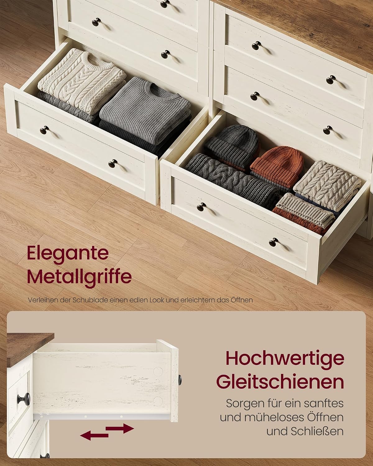 VASAGLE Kommode mit 6 Schubladen, Aufbewahrungsschrank aus Holzspanplatte und MDF, 120 x 40 x 78 cm, Weiß, Landhausstil, für Schlafzimmer, Flur, Siren Kollektion LTS663WJ01 — Ansicht 5