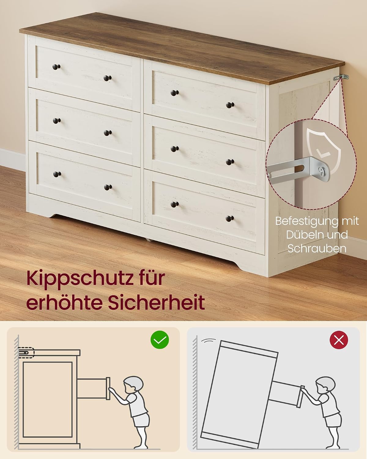 VASAGLE Kommode mit 6 Schubladen, Aufbewahrungsschrank aus Holzspanplatte und MDF, 120 x 40 x 78 cm, Weiß, Landhausstil, für Schlafzimmer, Flur, Siren Kollektion LTS663WJ01 — Ansicht 6