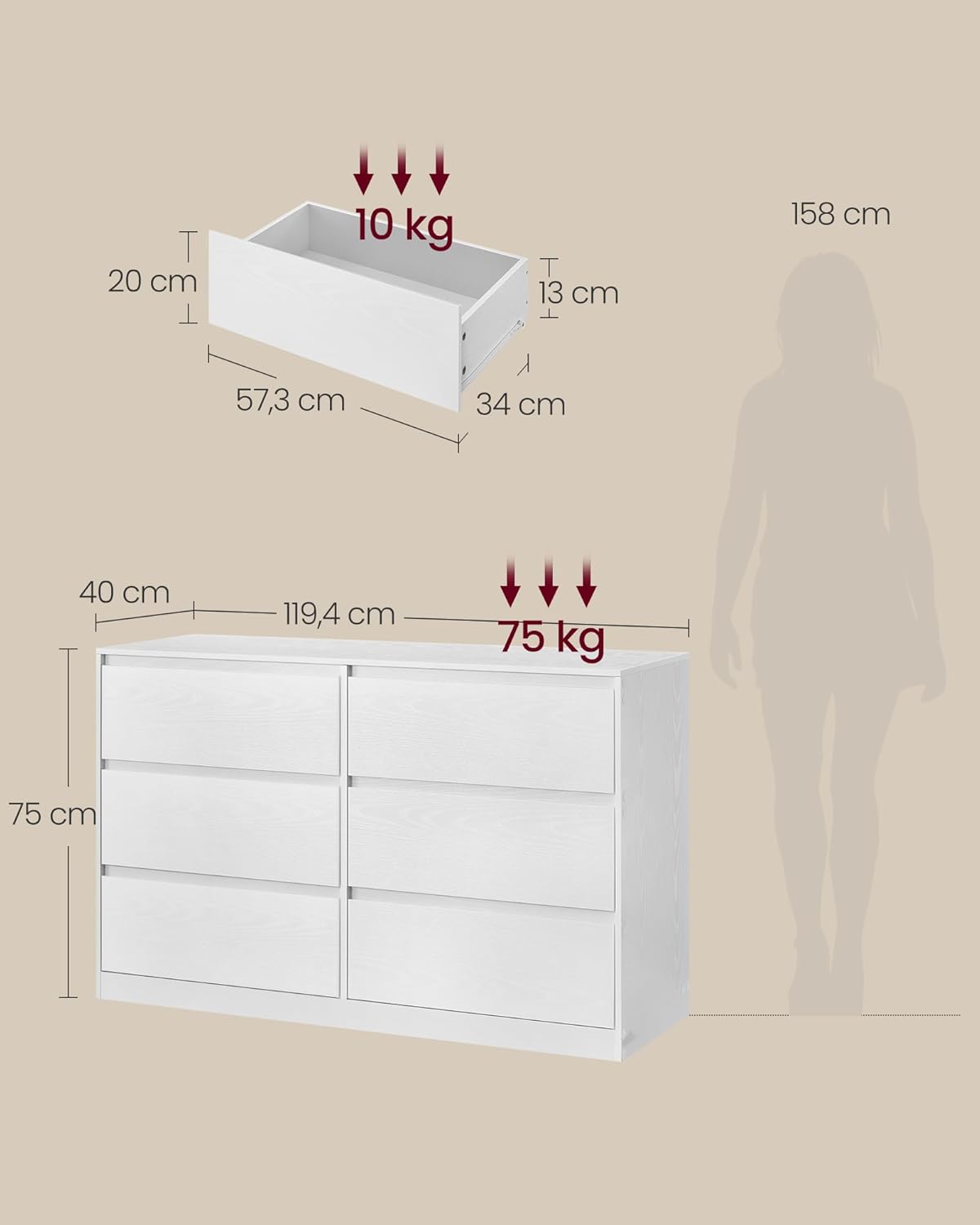 VASAGLE Kommode mit 6 Schubladen, Komodenschrank, Schubladenschrank, Wäschekommode, für Schlafzimmer, 40 x 119,4 x 75 cm, Modern Kailyn Kollektion, schneeweiß LTS616W01 — Ansicht 2