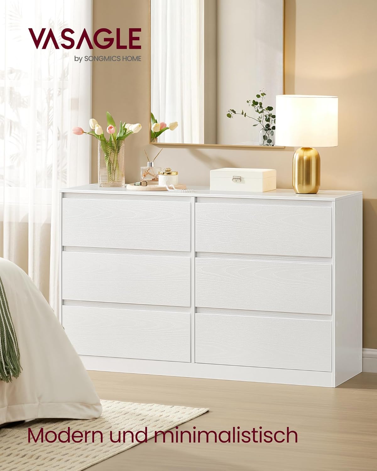 VASAGLE Kommode mit 6 Schubladen, Komodenschrank, Schubladenschrank, Wäschekommode, für Schlafzimmer, 40 x 119,4 x 75 cm, Modern Kailyn Kollektion, schneeweiß LTS616W01 — Ansicht 3