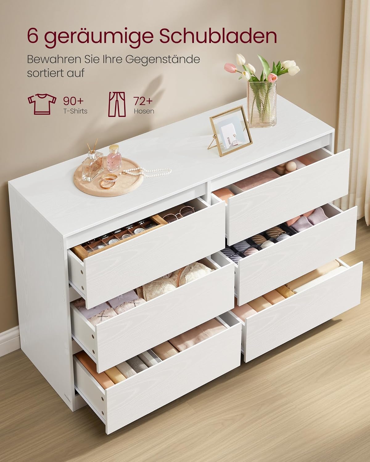 VASAGLE Kommode mit 6 Schubladen, Komodenschrank, Schubladenschrank, Wäschekommode, für Schlafzimmer, 40 x 119,4 x 75 cm, Modern Kailyn Kollektion, schneeweiß LTS616W01 — Ansicht 4