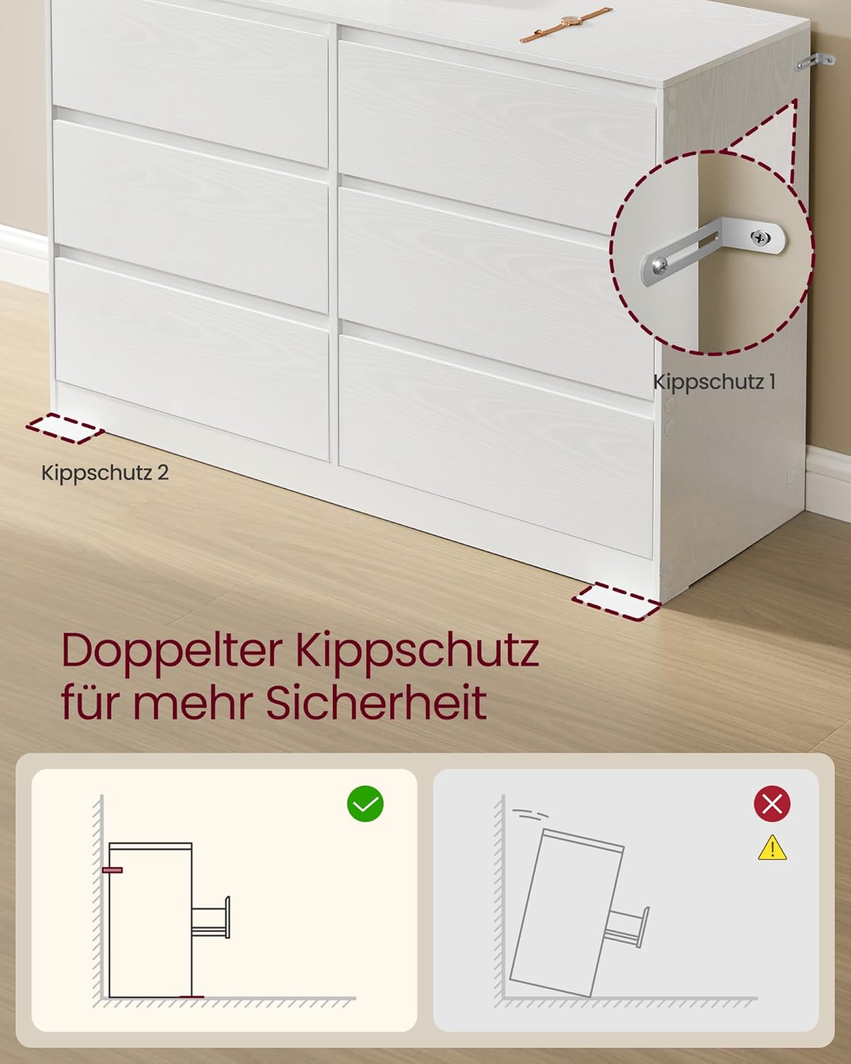 VASAGLE Kommode mit 6 Schubladen, Komodenschrank, Schubladenschrank, Wäschekommode, für Schlafzimmer, 40 x 119,4 x 75 cm, Modern Kailyn Kollektion, schneeweiß LTS616W01 — Ansicht 5