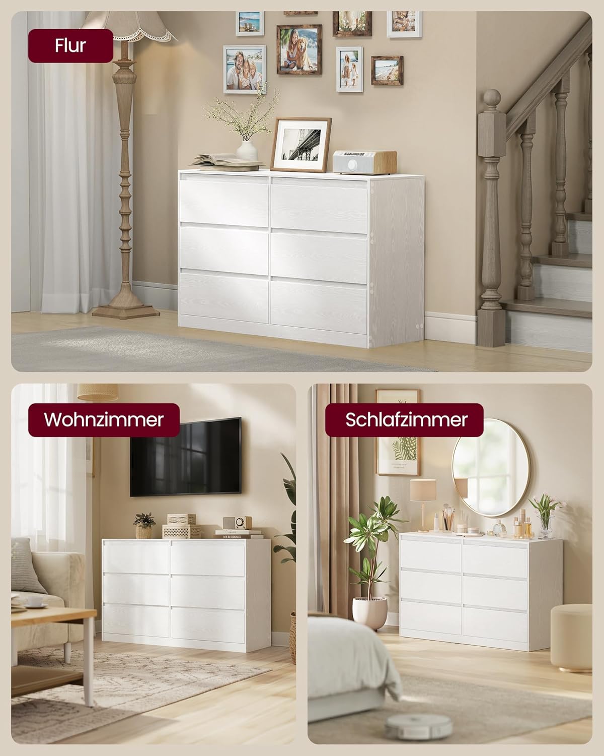 VASAGLE Kommode mit 6 Schubladen, Komodenschrank, Schubladenschrank, Wäschekommode, für Schlafzimmer, 40 x 119,4 x 75 cm, Modern Kailyn Kollektion, schneeweiß LTS616W01 — Ansicht 6