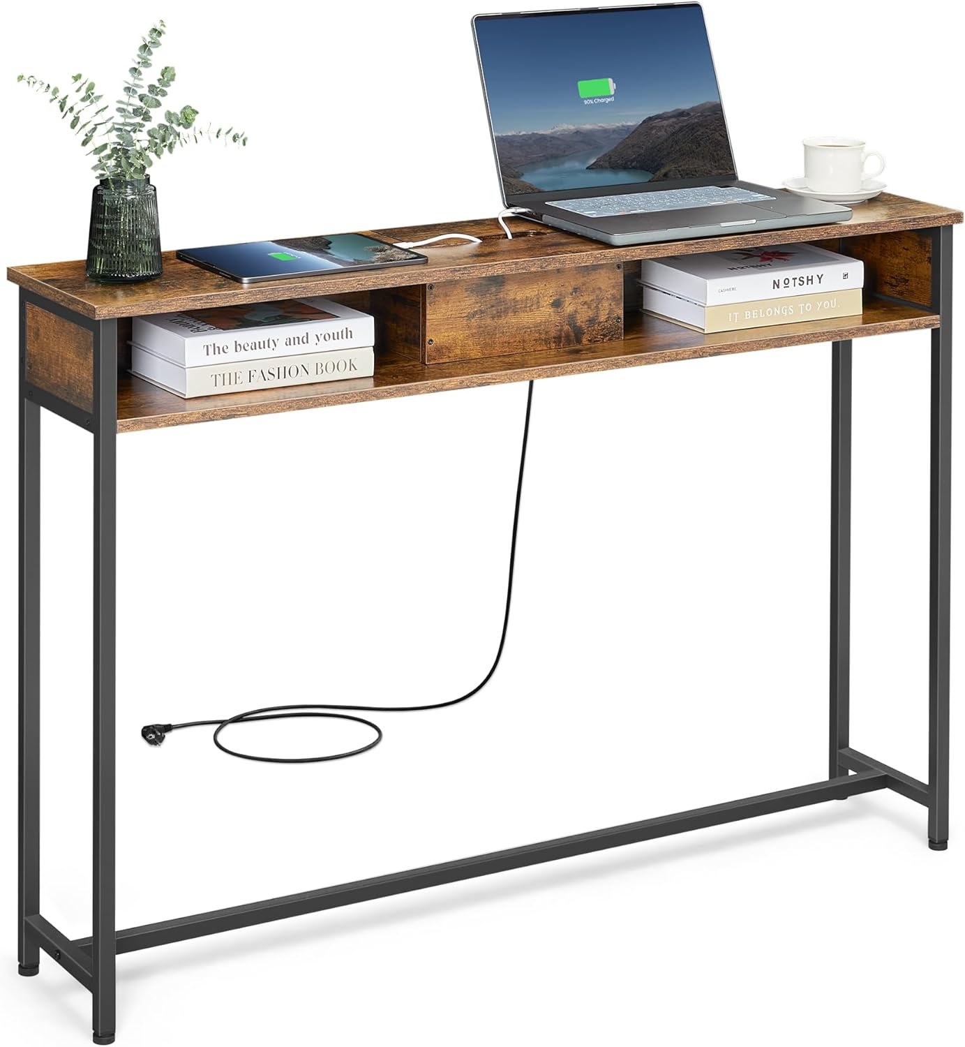 VASAGLE Konsolentisch mit Steckdosen, Beistelltisch mit 2 Fächern, schmal, 25 x 120 x 81 cm, platzsparend, für Eingangsbereich, Wohnzimmer, vintagebraun-tintenschwarz LNT111K01