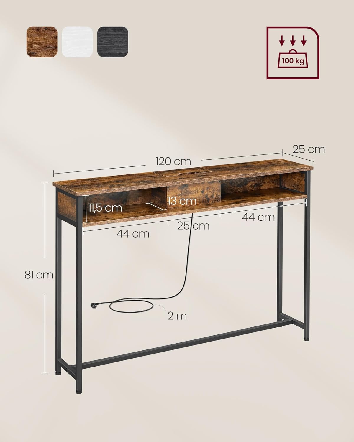 VASAGLE Konsolentisch mit Steckdosen, Beistelltisch mit 2 Fächern, schmal, 25 x 120 x 81 cm, platzsparend, für Eingangsbereich, Wohnzimmer, vintagebraun-tintenschwarz LNT111K01 — Ansicht 3