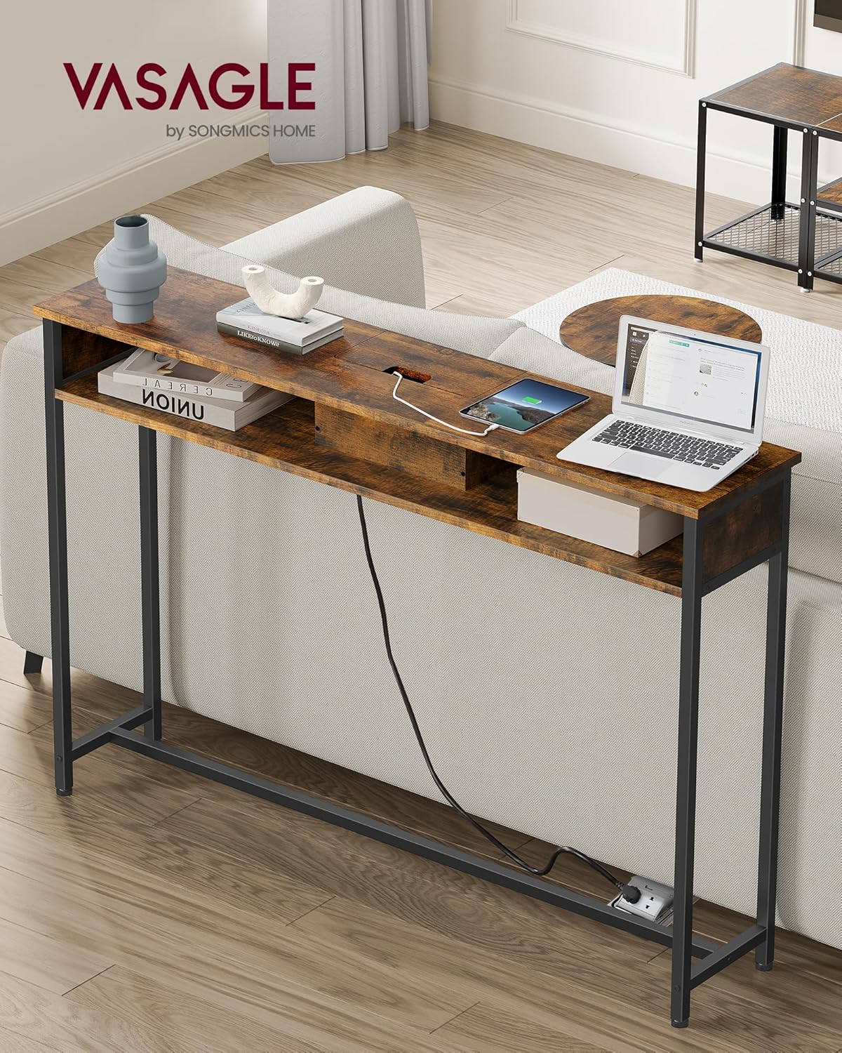 VASAGLE Konsolentisch mit Steckdosen, Beistelltisch mit 2 Fächern, schmal, 25 x 120 x 81 cm, platzsparend, für Eingangsbereich, Wohnzimmer, vintagebraun-tintenschwarz LNT111K01 — Ansicht 4