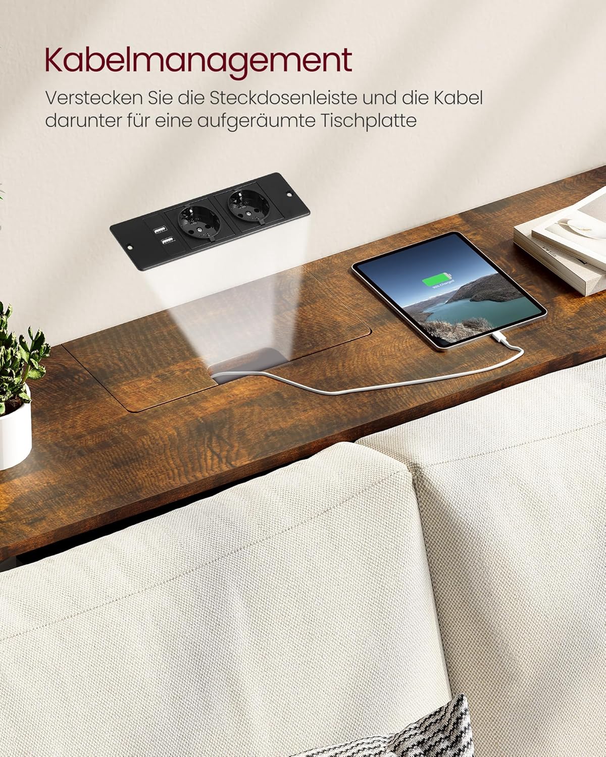 VASAGLE Konsolentisch mit Steckdosen, Beistelltisch mit 2 Fächern, schmal, 25 x 120 x 81 cm, platzsparend, für Eingangsbereich, Wohnzimmer, vintagebraun-tintenschwarz LNT111K01 — Ansicht 5