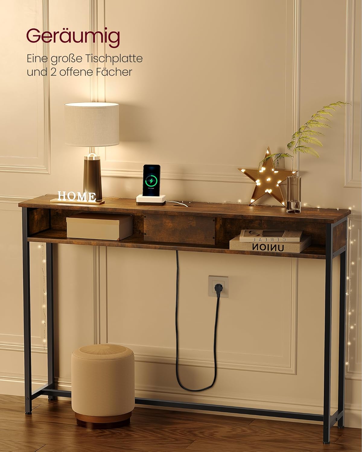 VASAGLE Konsolentisch mit Steckdosen, Beistelltisch mit 2 Fächern, schmal, 25 x 120 x 81 cm, platzsparend, für Eingangsbereich, Wohnzimmer, vintagebraun-tintenschwarz LNT111K01 — Ansicht 6