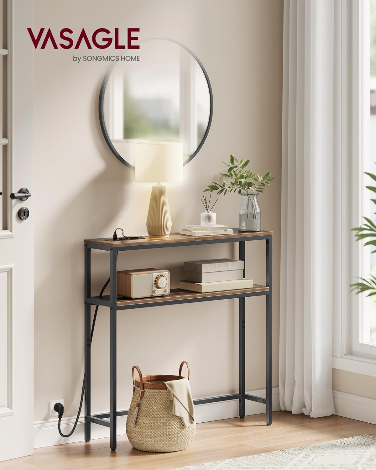 VASAGLE Konsolentisch, schmaler Sofatisch mit 2 Ablagen, 20 x 80 x 80 cm, Flurtisch mit Ladestation, für Wohnzimmer, Flur, Eingangsbereich, vintagebraun-tintenschwarz LNT135KD01 — Ansicht 2