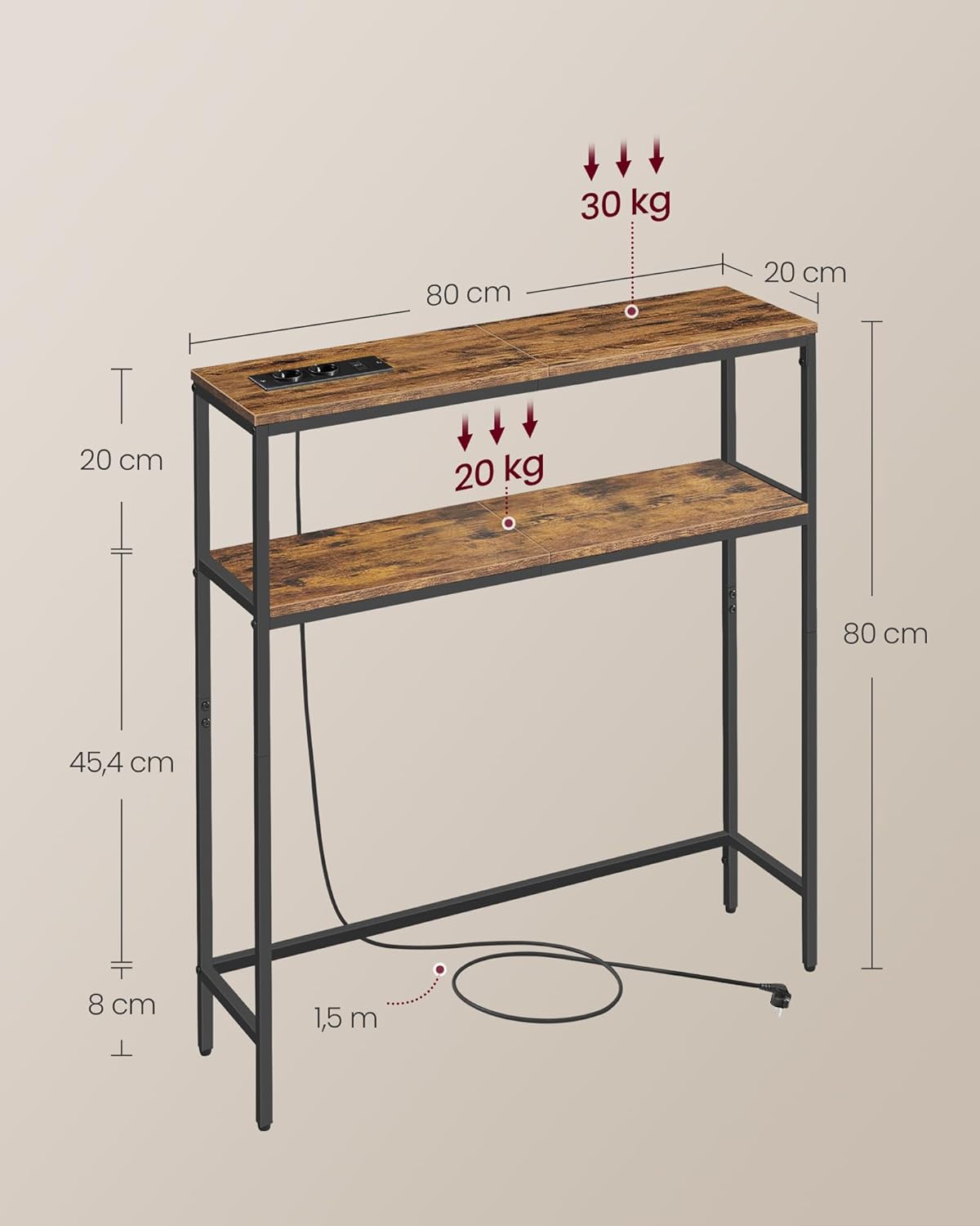 VASAGLE Konsolentisch, schmaler Sofatisch mit 2 Ablagen, 20 x 80 x 80 cm, Flurtisch mit Ladestation, für Wohnzimmer, Flur, Eingangsbereich, vintagebraun-tintenschwarz LNT135KD01 — Ansicht 3