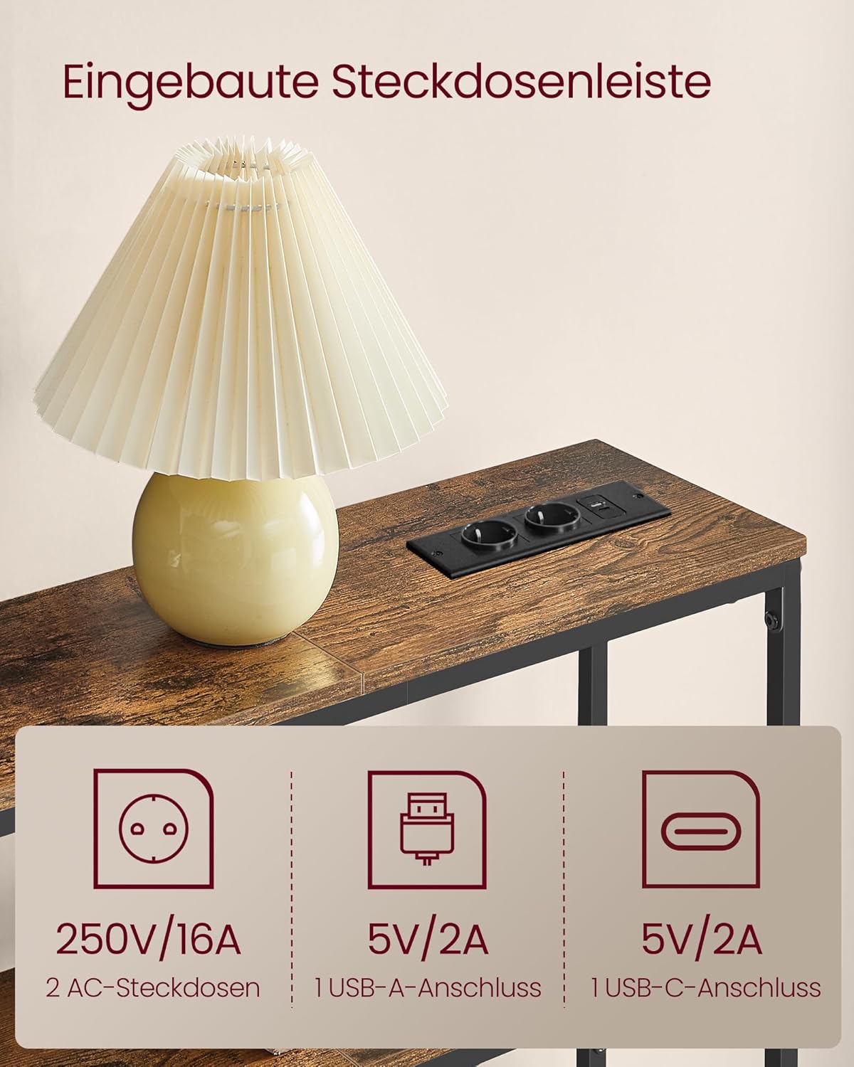 VASAGLE Konsolentisch, schmaler Sofatisch mit 2 Ablagen, 20 x 80 x 80 cm, Flurtisch mit Ladestation, für Wohnzimmer, Flur, Eingangsbereich, vintagebraun-tintenschwarz LNT135KD01 — Ansicht 4