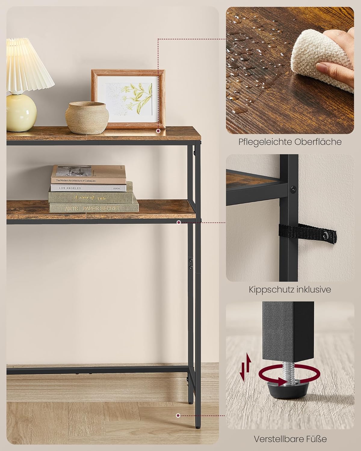 VASAGLE Konsolentisch, schmaler Sofatisch mit 2 Ablagen, 20 x 80 x 80 cm, Flurtisch mit Ladestation, für Wohnzimmer, Flur, Eingangsbereich, vintagebraun-tintenschwarz LNT135KD01 — Ansicht 6
