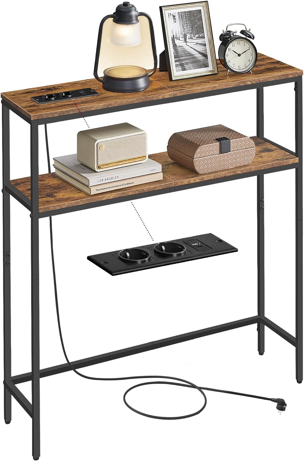 VASAGLE Konsolentisch, schmaler Sofatisch mit 2 Ablagen, 20 x 80 x 80 cm, Flurtisch mit Ladestation, für Wohnzimmer, Flur, Eingangsbereich, vintagebraun-tintenschwarz LNT135KD01