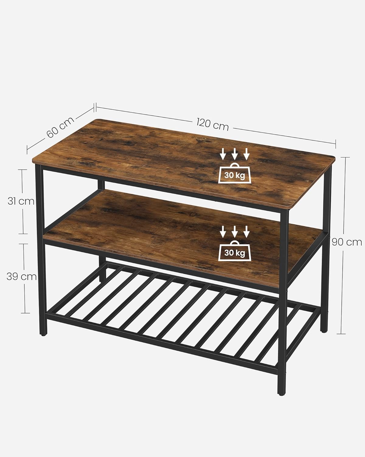 VASAGLE Küchenregal mit großer Arbeitsplatte, 3-stufiges Mikrowellenregal, Stahlrahmen, 60 x 120 x 90 cm, industriell, leichte Montage, vintagebraun-schwarz KKI01BX — Ansicht 3