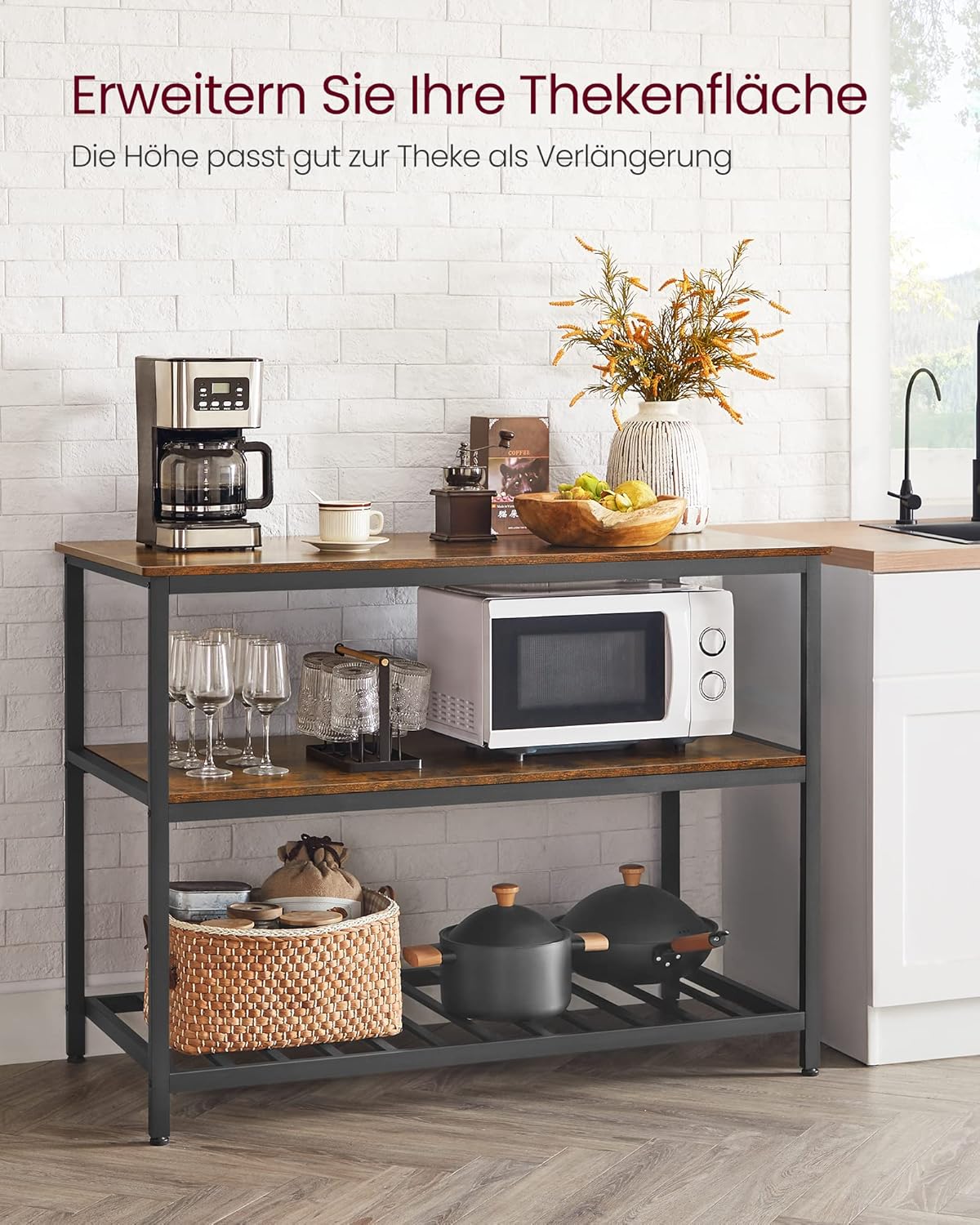 VASAGLE Küchenregal mit großer Arbeitsplatte, 3-stufiges Mikrowellenregal, Stahlrahmen, 60 x 120 x 90 cm, industriell, leichte Montage, vintagebraun-schwarz KKI01BX — Ansicht 4