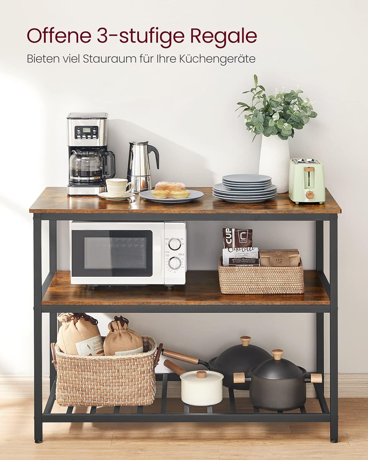 VASAGLE Küchenregal mit großer Arbeitsplatte, 3-stufiges Mikrowellenregal, Stahlrahmen, 60 x 120 x 90 cm, industriell, leichte Montage, vintagebraun-schwarz KKI01BX — Ansicht 5