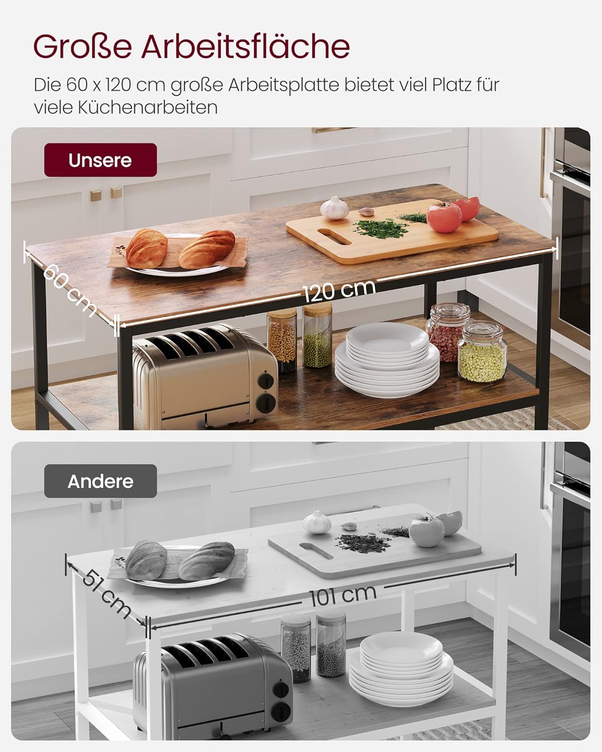 VASAGLE Küchenregal mit großer Arbeitsplatte, 3-stufiges Mikrowellenregal, Stahlrahmen, 60 x 120 x 90 cm, industriell, leichte Montage, vintagebraun-schwarz KKI01BX — Ansicht 6