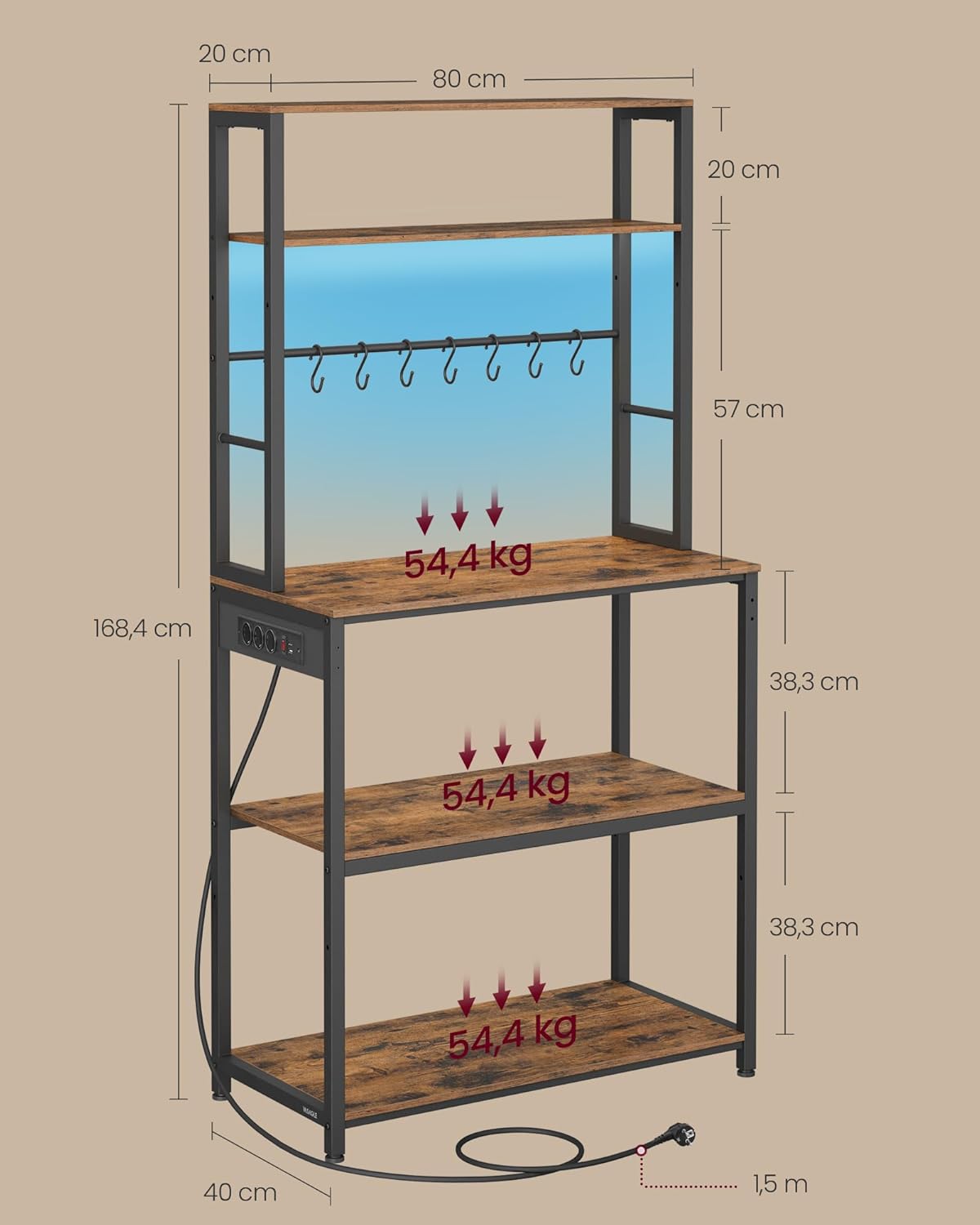 VASAGLE Küchenregal mit LED-Beleuchtung, Standregal mit Steckdosen, Mikrowellen-Regal mit verstellbaren Ablagen, 8 Haken, 40 x 80 x 168,4 cm, vintagebraun-Mattschwarz KKS050KD01 — Ansicht 3