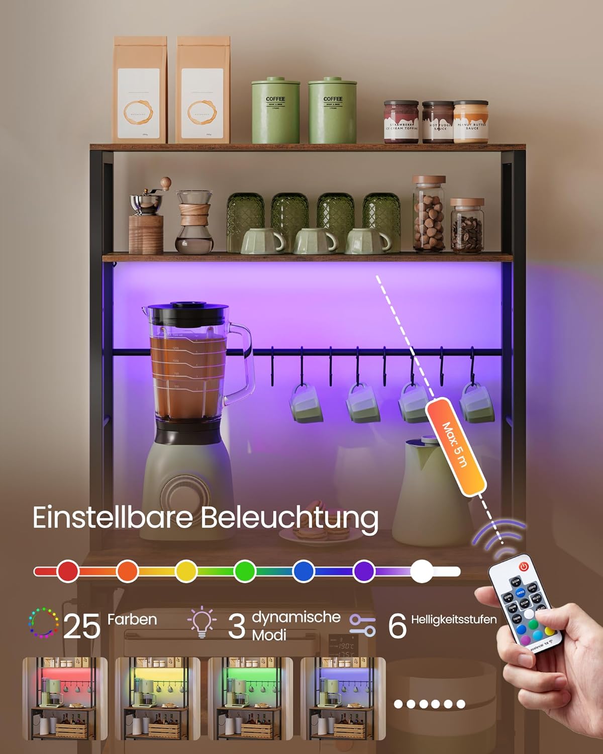 VASAGLE Küchenregal mit LED-Beleuchtung, Standregal mit Steckdosen, Mikrowellen-Regal mit verstellbaren Ablagen, 8 Haken, 40 x 80 x 168,4 cm, vintagebraun-Mattschwarz KKS050KD01 — Ansicht 4