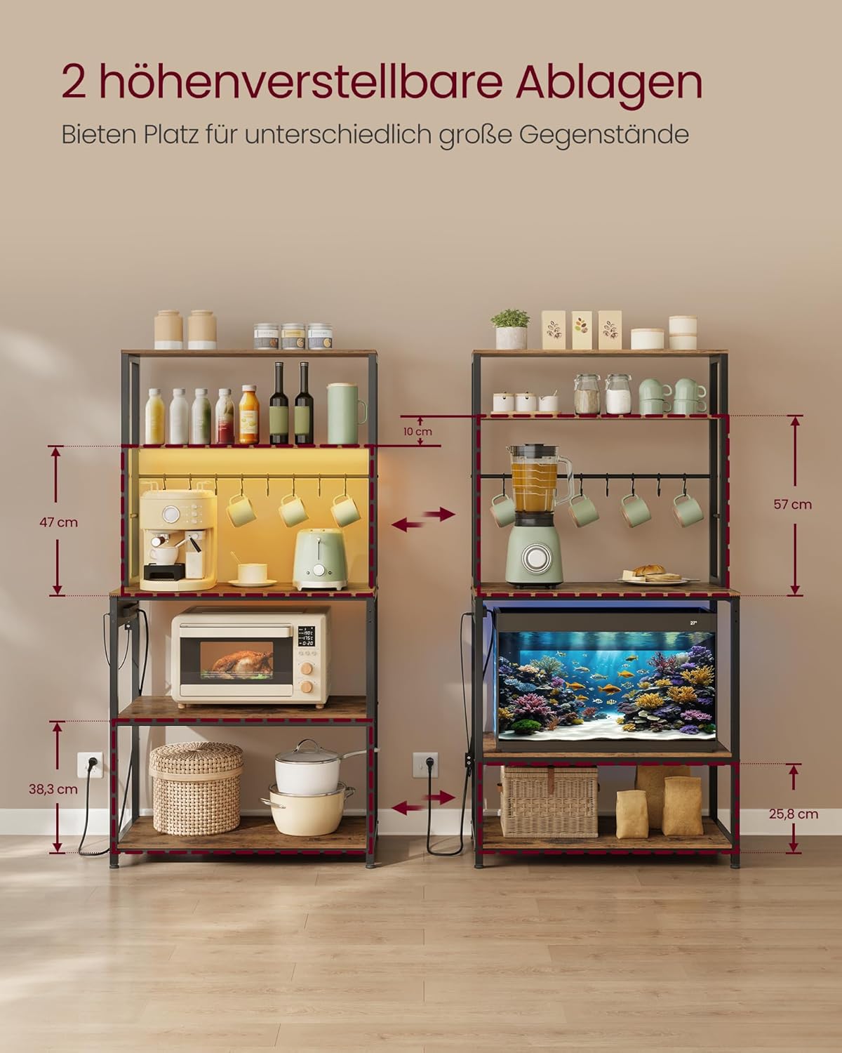 VASAGLE Küchenregal mit LED-Beleuchtung, Standregal mit Steckdosen, Mikrowellen-Regal mit verstellbaren Ablagen, 8 Haken, 40 x 80 x 168,4 cm, vintagebraun-Mattschwarz KKS050KD01 — Ansicht 6