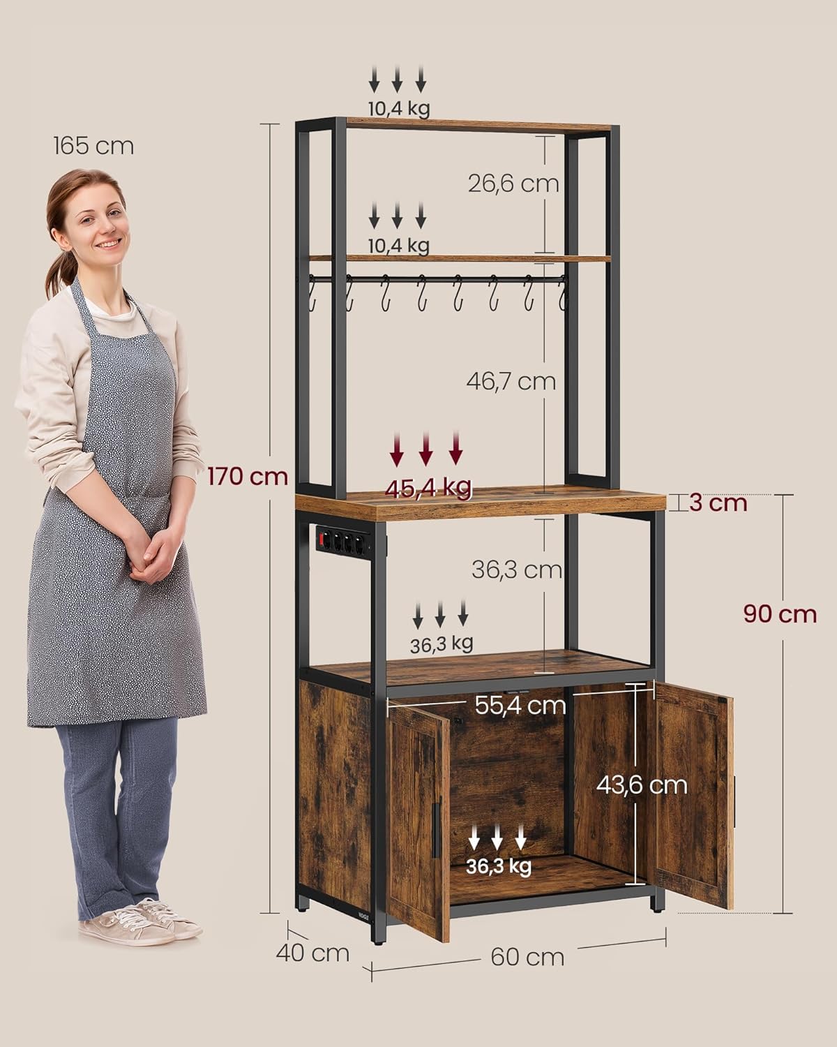 VASAGLE Küchenregal mit Steckdosen, Küchenschrank, 90 cm hoher Arbeitsplatte, Standregal mit 8 Haken, 40 x 60 x 170 cm, vintagebraun-tintenschwarz KKS058K02 — Ansicht 3