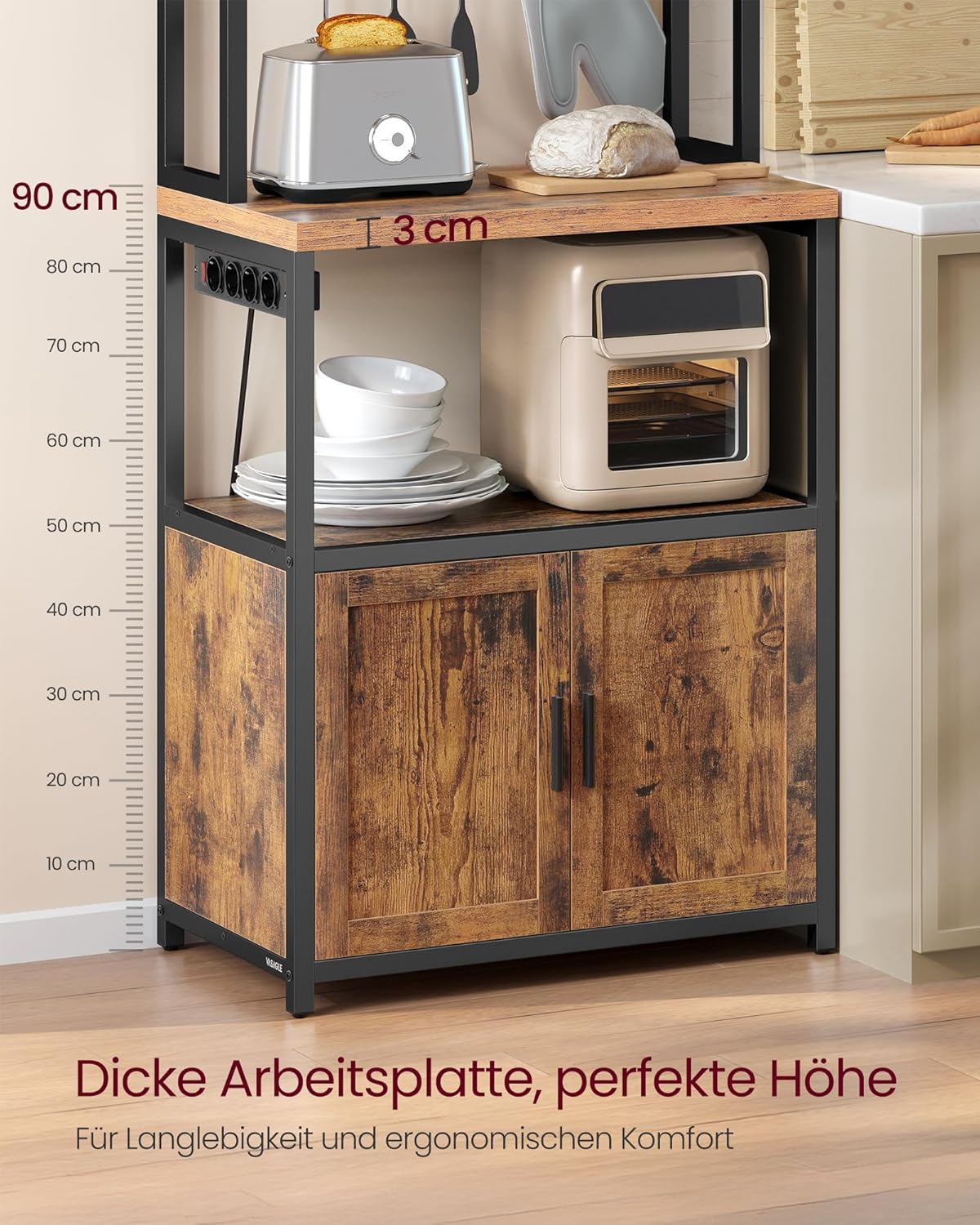 VASAGLE Küchenregal mit Steckdosen, Küchenschrank, 90 cm hoher Arbeitsplatte, Standregal mit 8 Haken, 40 x 60 x 170 cm, vintagebraun-tintenschwarz KKS058K02 — Ansicht 4