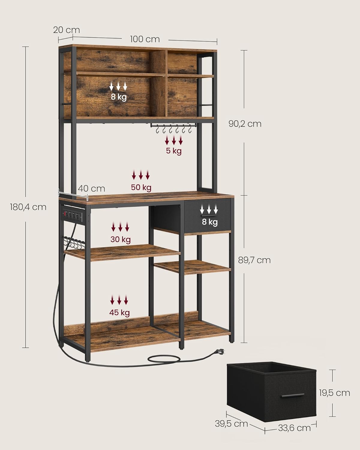 VASAGLE Küchenregal mit Steckdosen, Standregal, 40 x 100 x 180,4 cm | Backregal, verstellbare Ablagen, Stoffschublade, 12 Haken, Küche, KKS027K02 — Ansicht 2