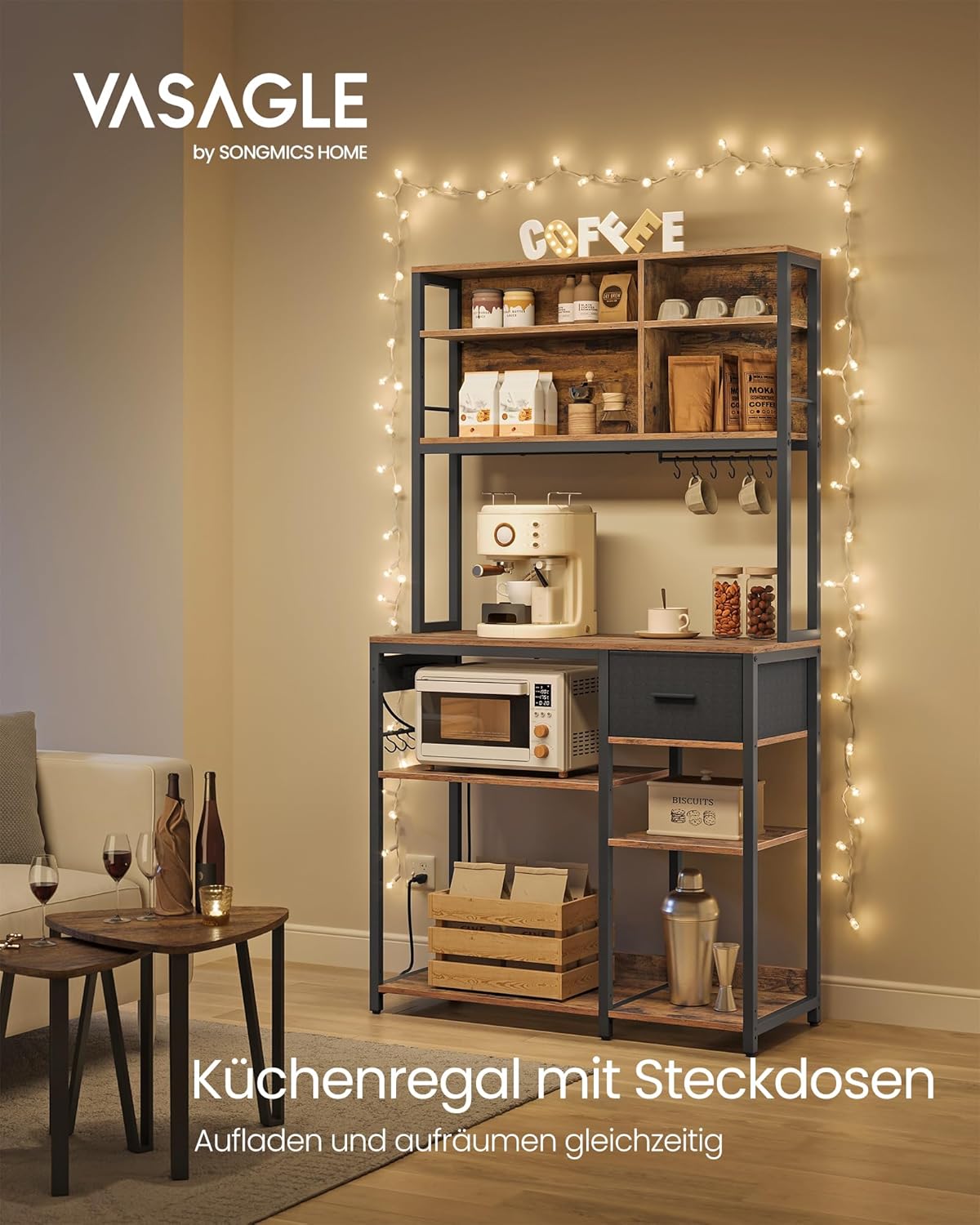 VASAGLE Küchenregal mit Steckdosen, Standregal, 40 x 100 x 180,4 cm | Backregal, verstellbare Ablagen, Stoffschublade, 12 Haken, Küche, KKS027K02 — Ansicht 3
