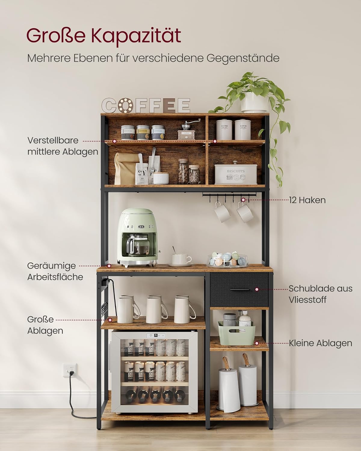 VASAGLE Küchenregal mit Steckdosen, Standregal, 40 x 100 x 180,4 cm | Backregal, verstellbare Ablagen, Stoffschublade, 12 Haken, Küche, KKS027K02 — Ansicht 4