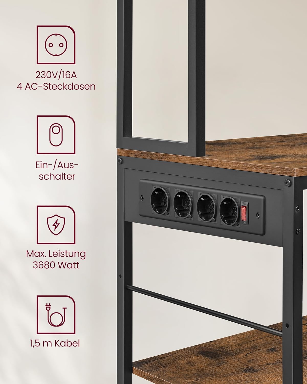 VASAGLE Küchenregal mit Steckdosen, Standregal, 40 x 100 x 180,4 cm | Backregal, verstellbare Ablagen, Stoffschublade, 12 Haken, Küche, KKS027K02 — Ansicht 5