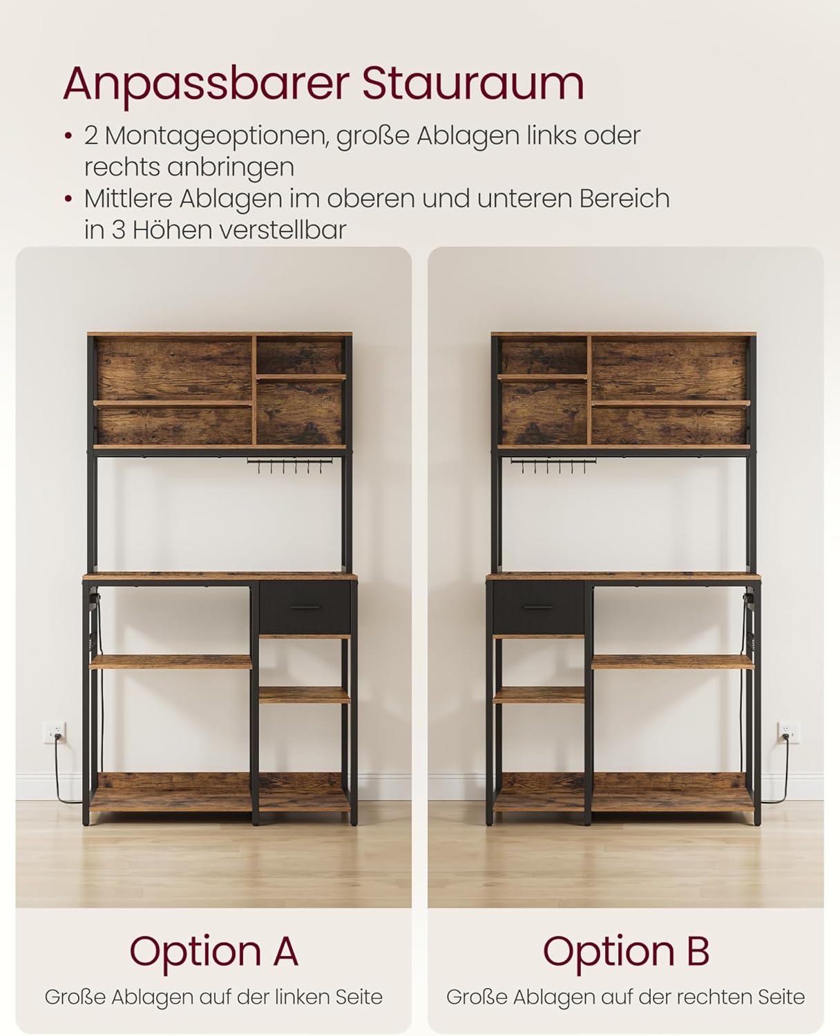 VASAGLE Küchenregal mit Steckdosen, Standregal, 40 x 100 x 180,4 cm | Backregal, verstellbare Ablagen, Stoffschublade, 12 Haken, Küche, KKS027K02 — Ansicht 6