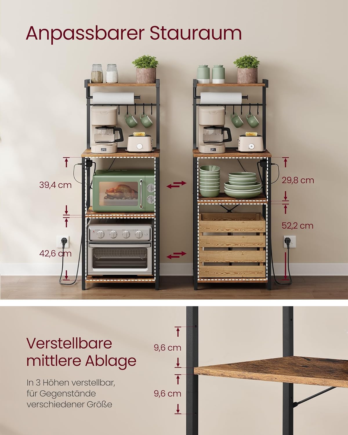 VASAGLE Küchenregal mit Steckdosen, Standregal, 40 x 45 x 140 cm | Kaffeebar mit 4 Ebenen und 8 S-Haken, Mikrowellen-Regal, verstellbare Ablage, vintagebraun-tintenschwarz KKS013KD02 — Ansicht 3