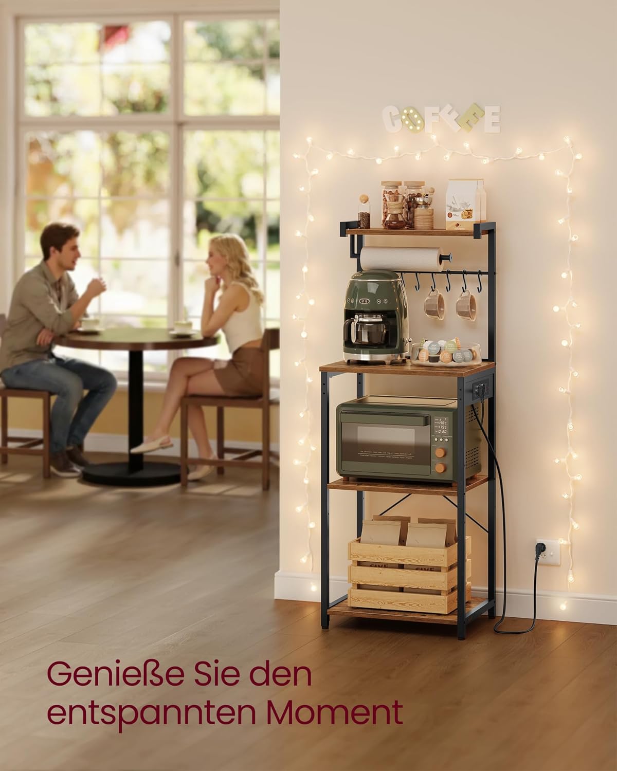 VASAGLE Küchenregal mit Steckdosen, Standregal, 40 x 45 x 140 cm | Kaffeebar mit 4 Ebenen und 8 S-Haken, Mikrowellen-Regal, verstellbare Ablage, vintagebraun-tintenschwarz KKS013KD02 — Ansicht 5