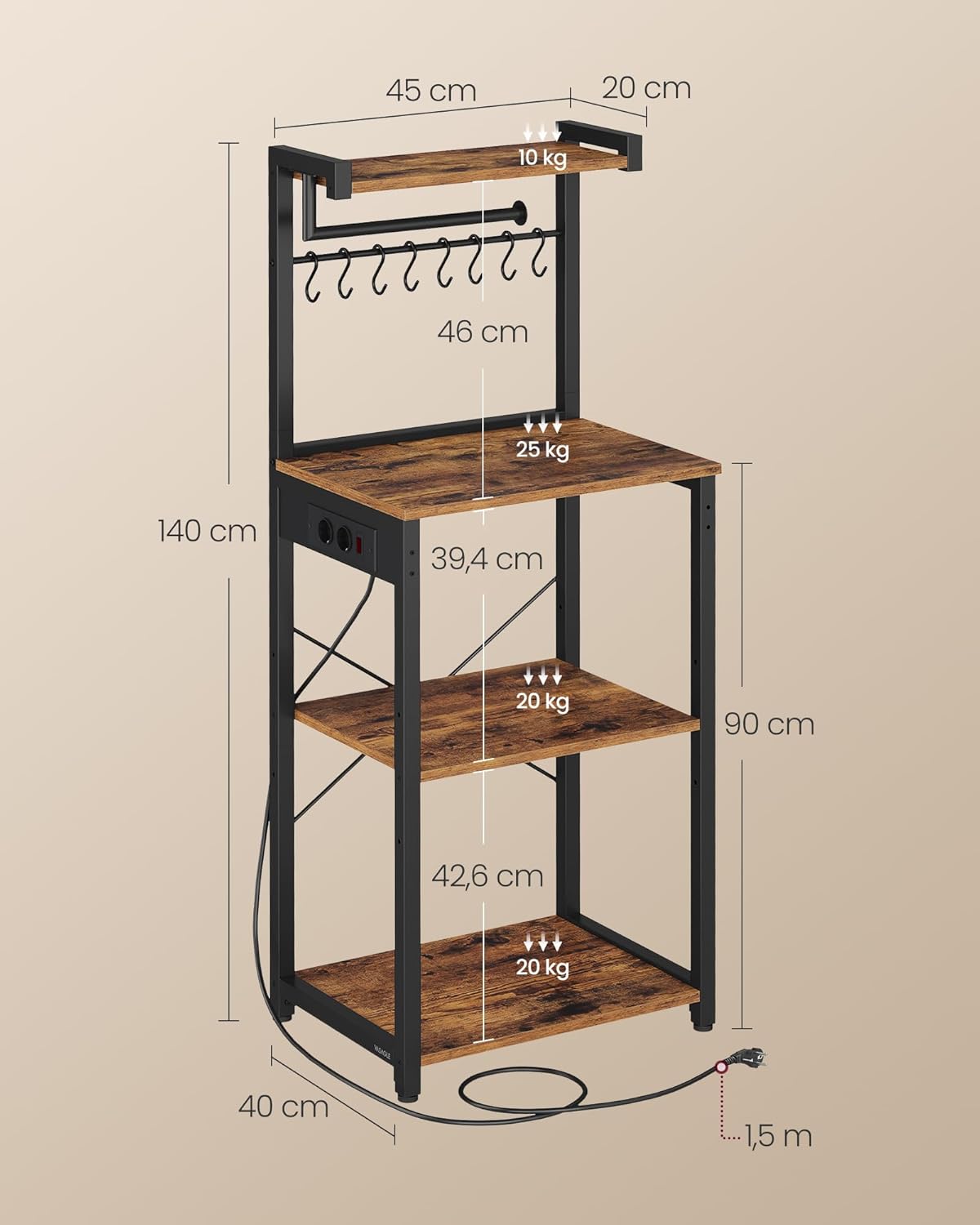 VASAGLE Küchenregal mit Steckdosen, Standregal, 40 x 45 x 140 cm | Kaffeebar mit 4 Ebenen und 8 S-Haken, Mikrowellen-Regal, verstellbare Ablage, vintagebraun-tintenschwarz KKS013KD02 — Ansicht 6